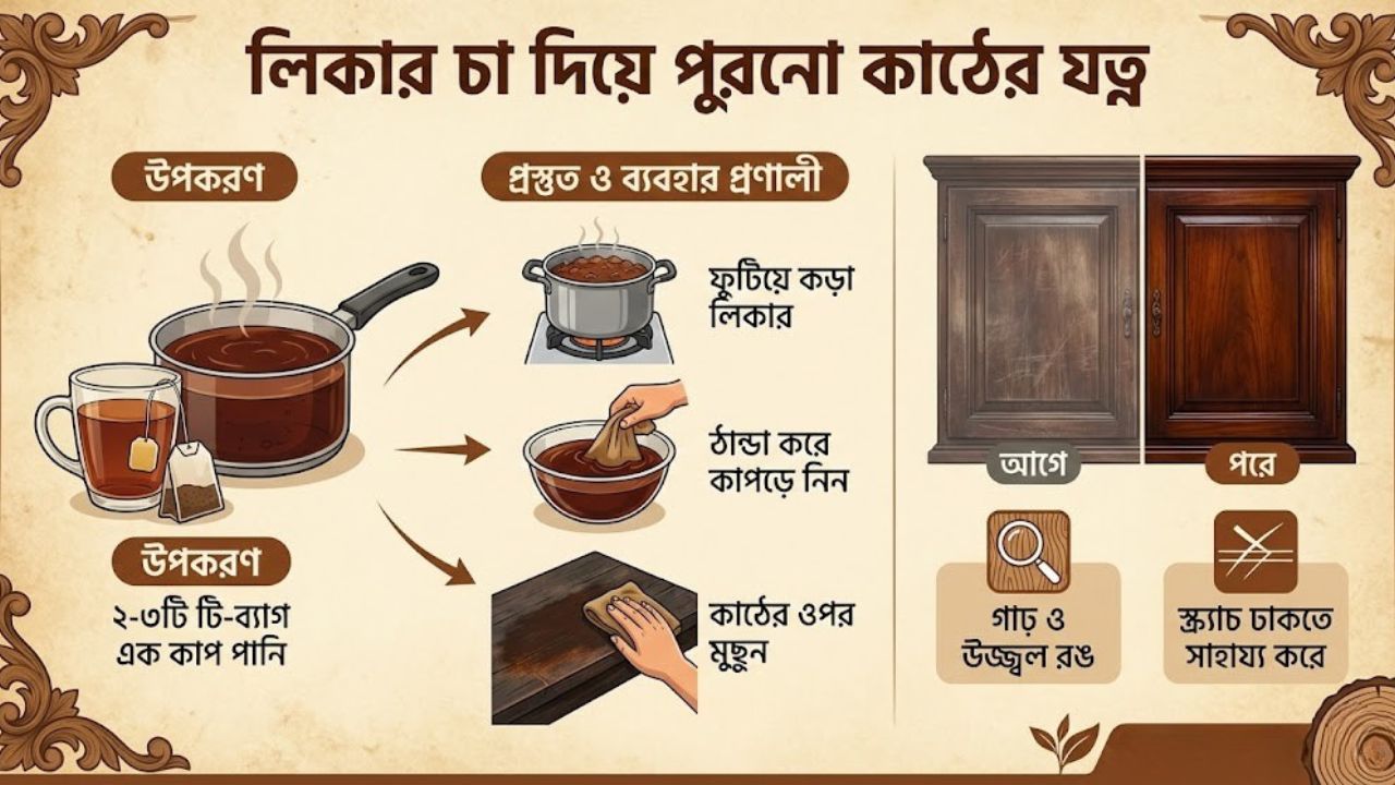 লিকার চা দিয়ে পুরনো কাঠের যত্ন
