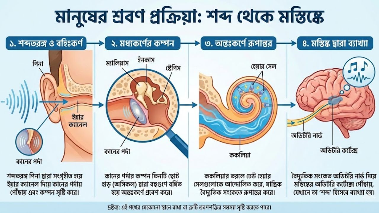 মানুষের শ্রবণ প্রক্রিয়া শব্দ কীভাবে মস্তিষ্কে পৌঁছায়