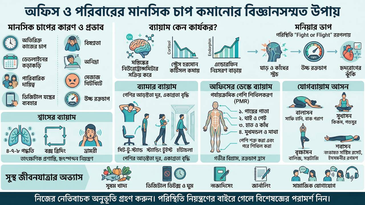 অফিস ও পরিবারের নিত্য ঝক্কিতে মানসিক চাপ কমানোর সহজ ব্যায়াম