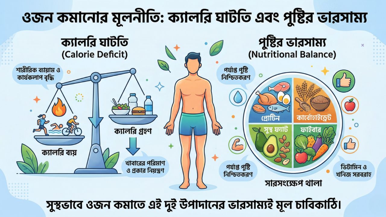 ওজন কমানোর মূলনীতি ক্যালরি ঘাটতি এবং পুষ্টির ভারসাম্য