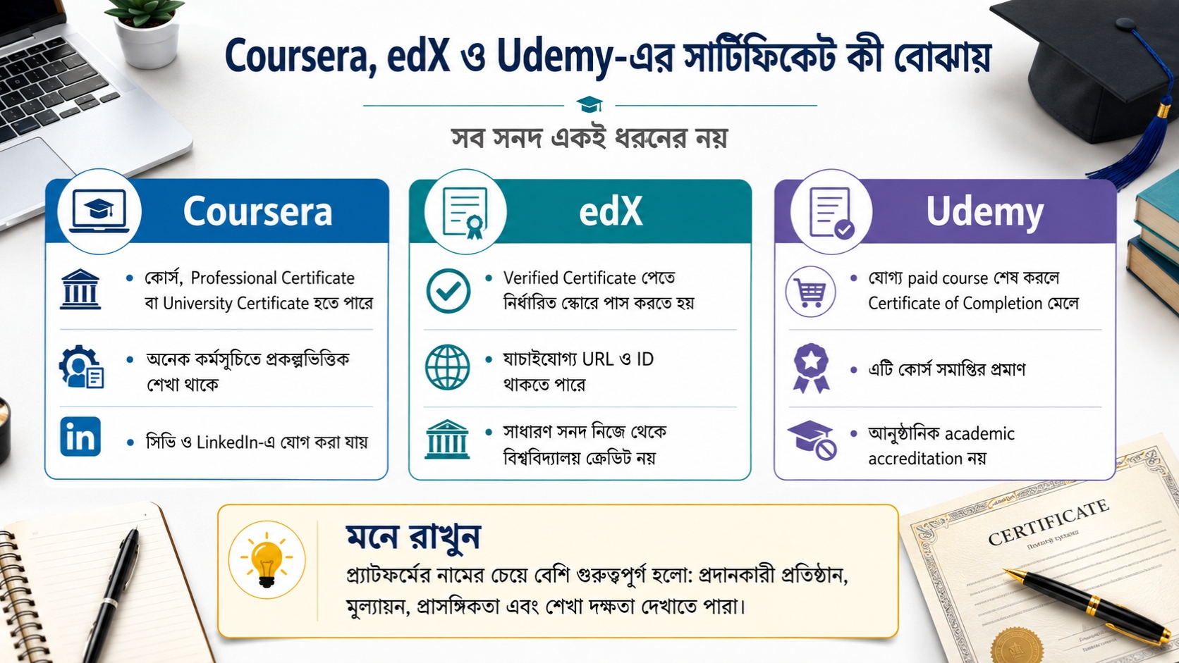 Coursera, edX ও Udemy-এর সার্টিফিকেট কী বোঝায়