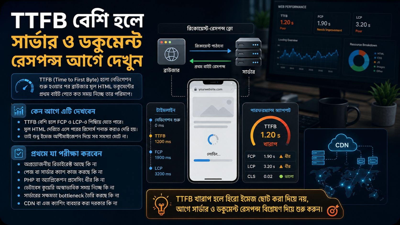 TTFB বেশি হলে সার্ভার ও ডকুমেন্ট রেসপন্স আগে দেখুন