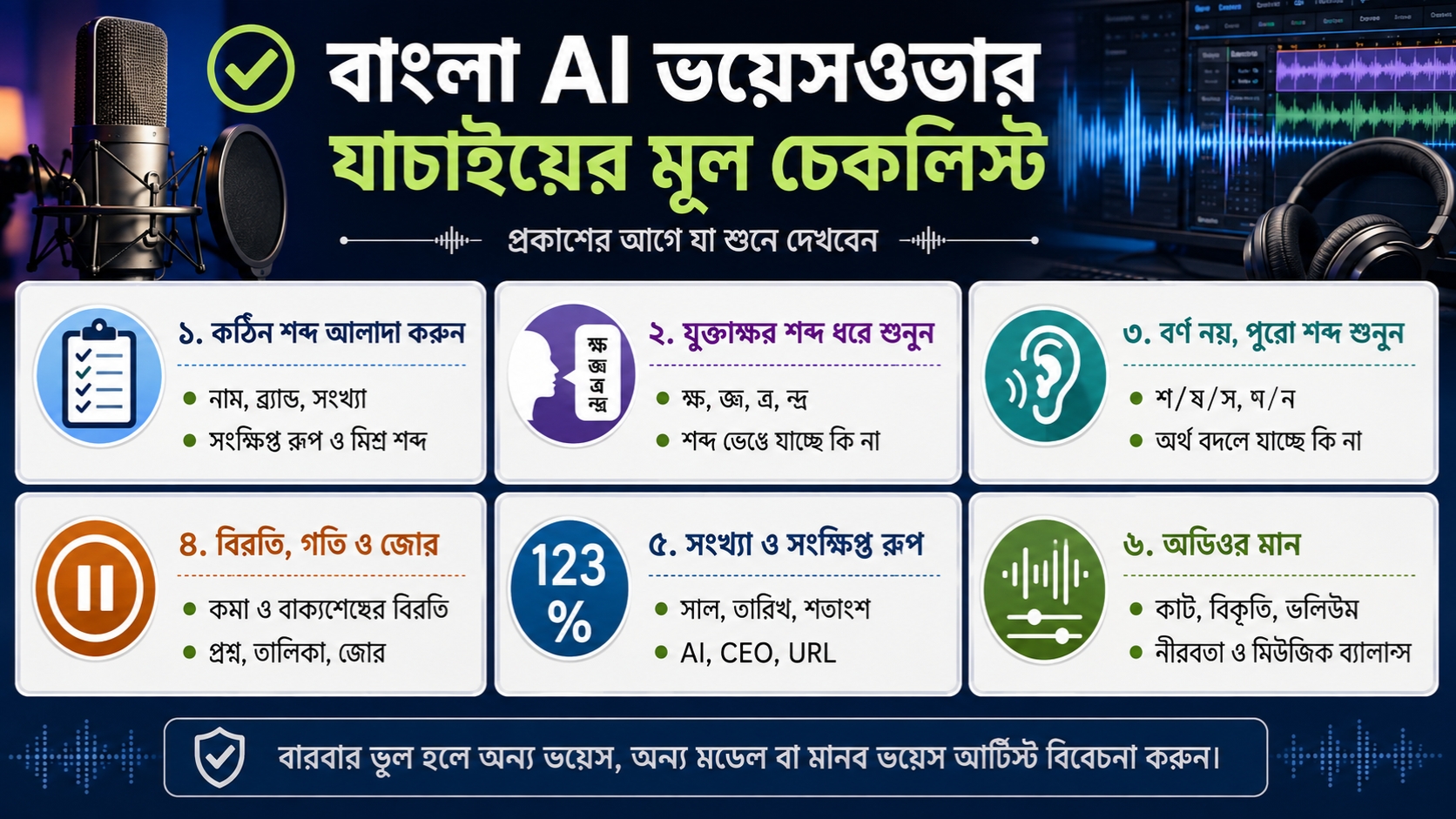 বাংলা AI ভয়েসওভার যাচাইয়ের মূল চেকলিস্ট