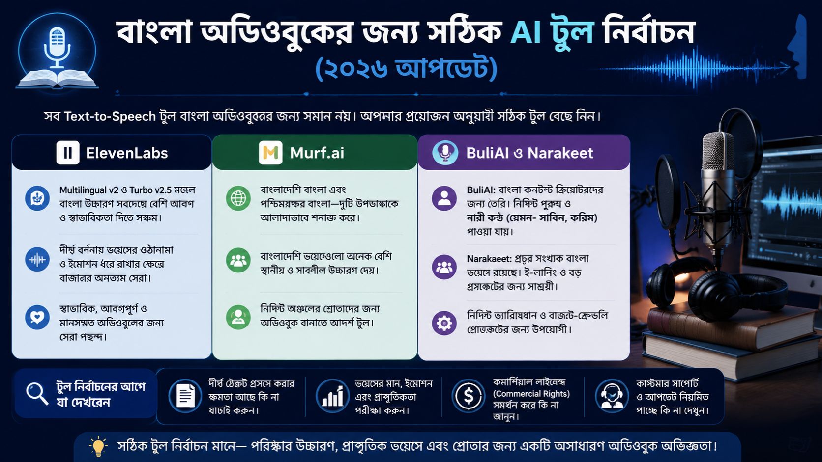 বাংলা অডিওবুকের জন্য সঠিক AI টুল নির্বাচন (২০২৬ আপডেট)