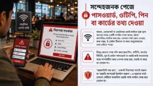 সন্দেহজনক পেজে পাসওয়ার্ড, OTP, PIN বা কার্ডের তথ্য দেওয়া