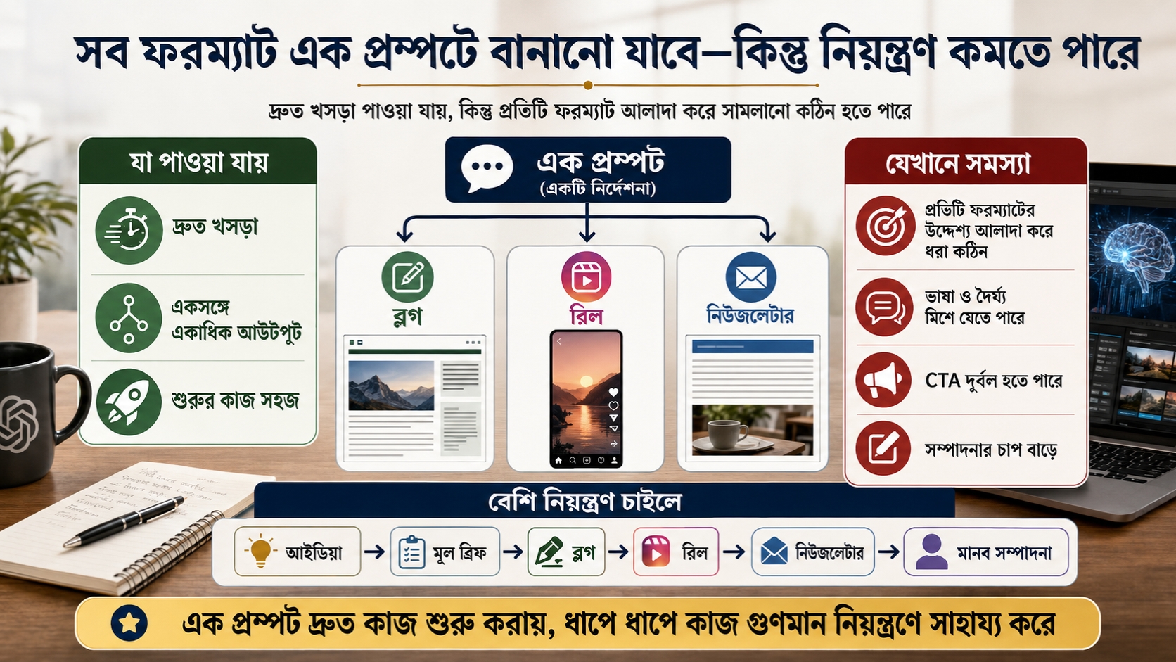 সব ফরম্যাট এক প্রম্পটে বানানো যাবে—কিন্তু নিয়ন্ত্রণ কমতে পারে